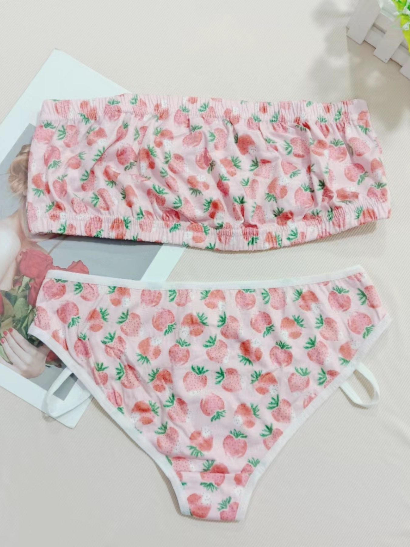 Strawberry Print Bra Panties Strapless Bra Elastic Panties - Temu