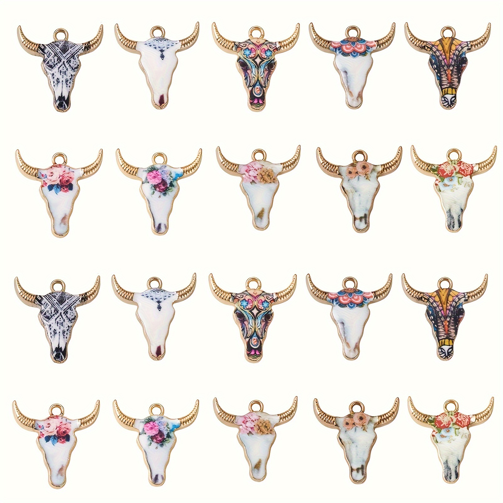 

20pcs Printed Bull Head Alloy Pendant Combination Flower Printed Bull Head Enamel Pendants For Diy Jewelry Making 5pcs Each Style