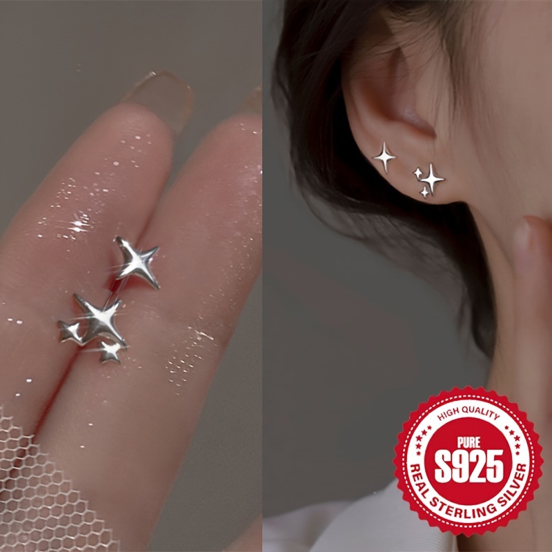 

S925 Sterling Silver Women's Asymmetrical Four-pointed Star Stud Earrings Trendy Minimalist Stud Earrings 0.8g Daily Wearing
