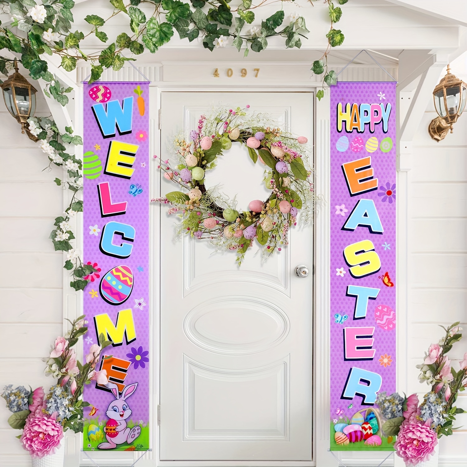2pcs happy easter decoration 11 8x70 8 inch cute pink rabbit holding egg with flowers and colored eggs decoration banner easter porch supplies sign welcome easter poster door hanger for spring outdoor easter door decoration party background