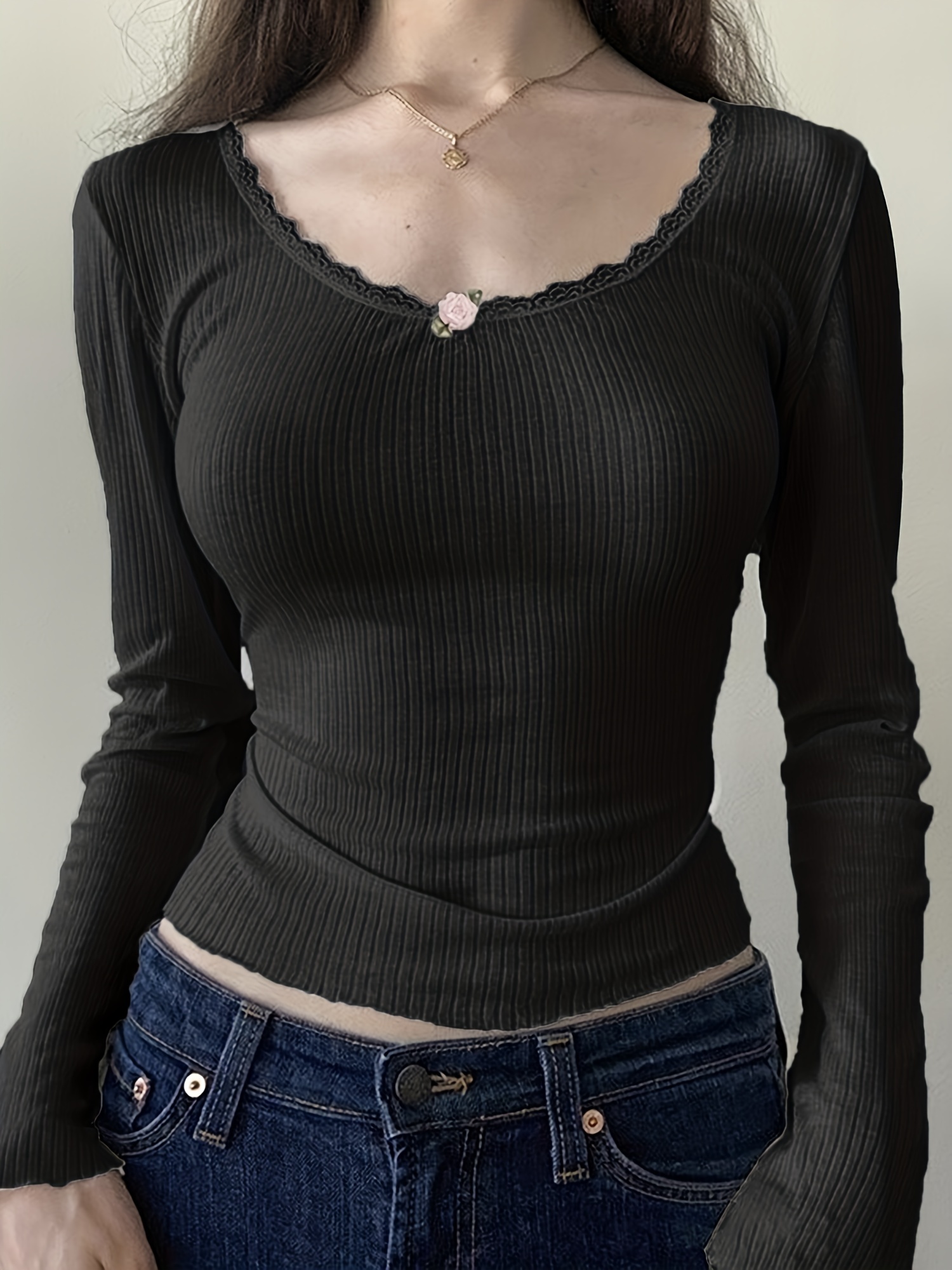 Lace Trim Ribbed Crew Neck T shirt Casual Long Sleeve Top - Temu