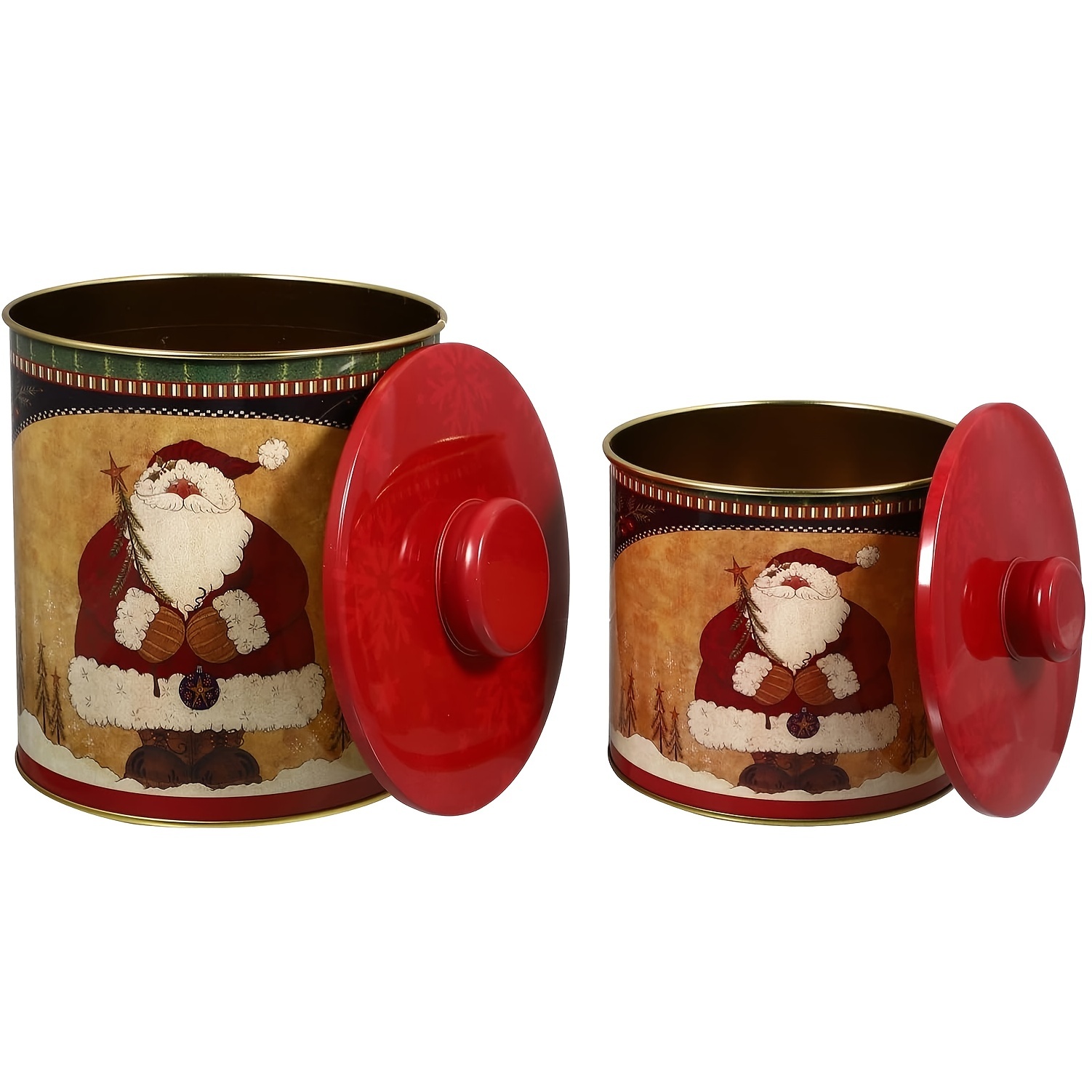 Christmas Cookie Canister Tins (2 Pack, Santa Claus And Merry Christmas, 7  in) Round Metal Holiday Gift Storage Tin Jars With Embossed Design Cookie