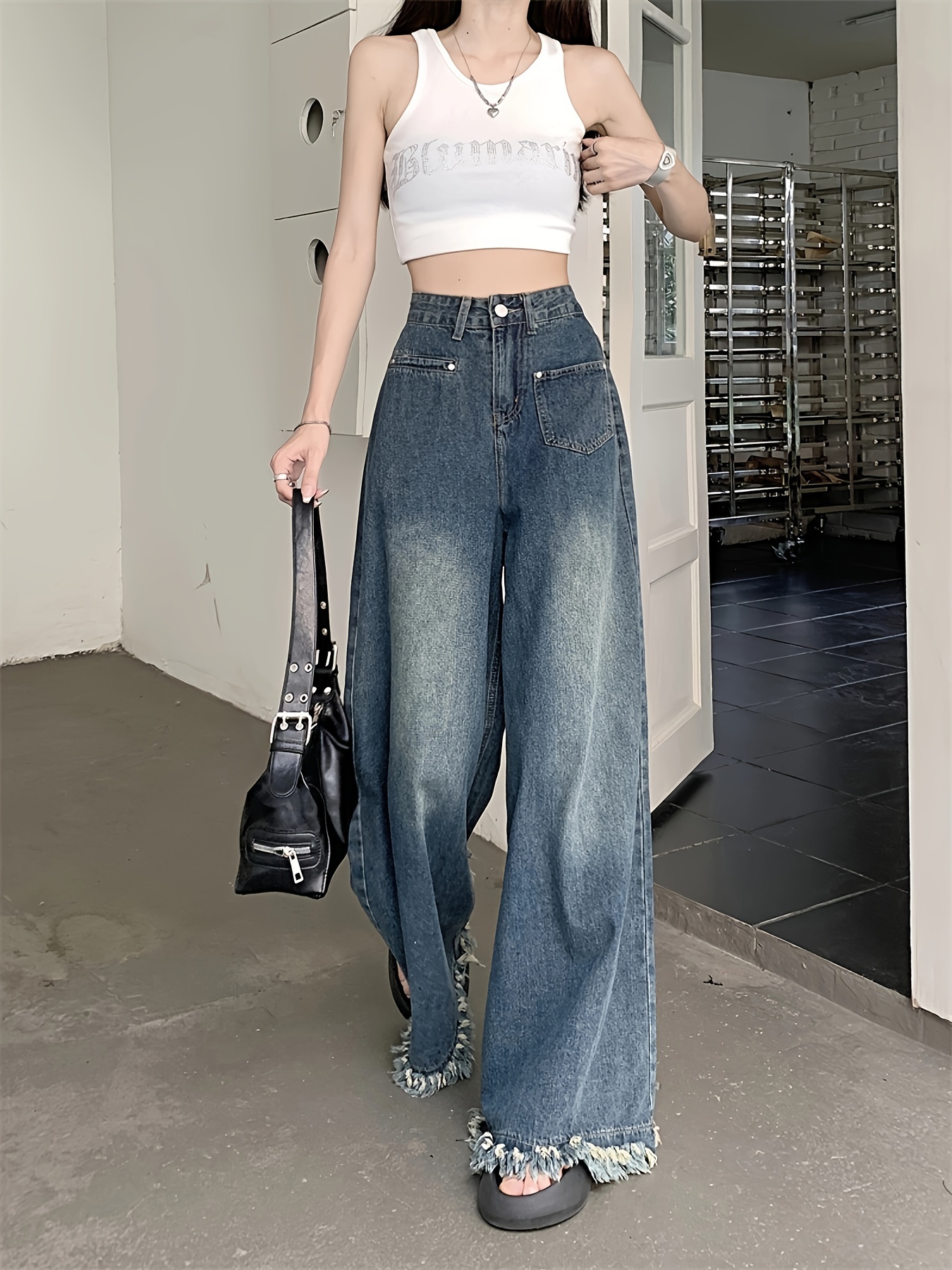 Frayed Hem Washed Baggy Jeans High Waist Loose Fit Retro - Temu