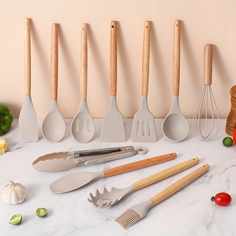 Set di utensili da cucina in Silicone da 12 pezzi antiaderente con manici  in legno-include utensili da cucina con pala accessori speciali per la  cucina - AliExpress
