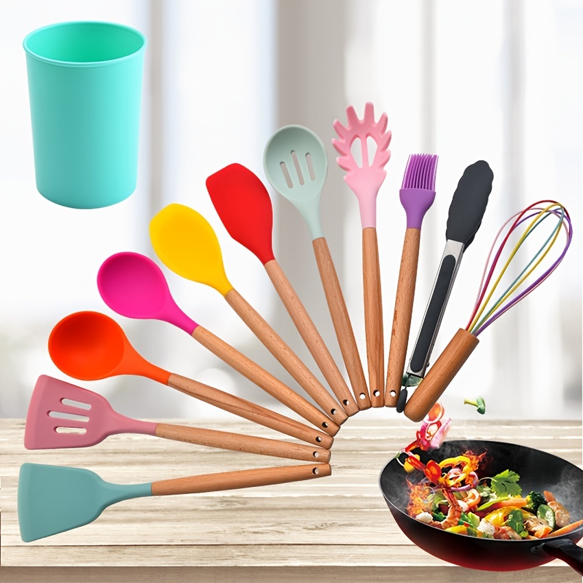 11 piezas/set utensilios de cocina de silicona pala de cocina mango de  madera juego de cocina, Moda de Mujer