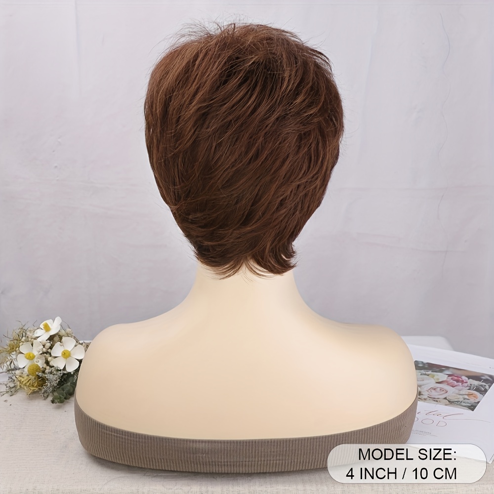 Short Brown Pixie Cut Wig with Bangs Natural Synthetic Fluffy Hair Wig 16 cm