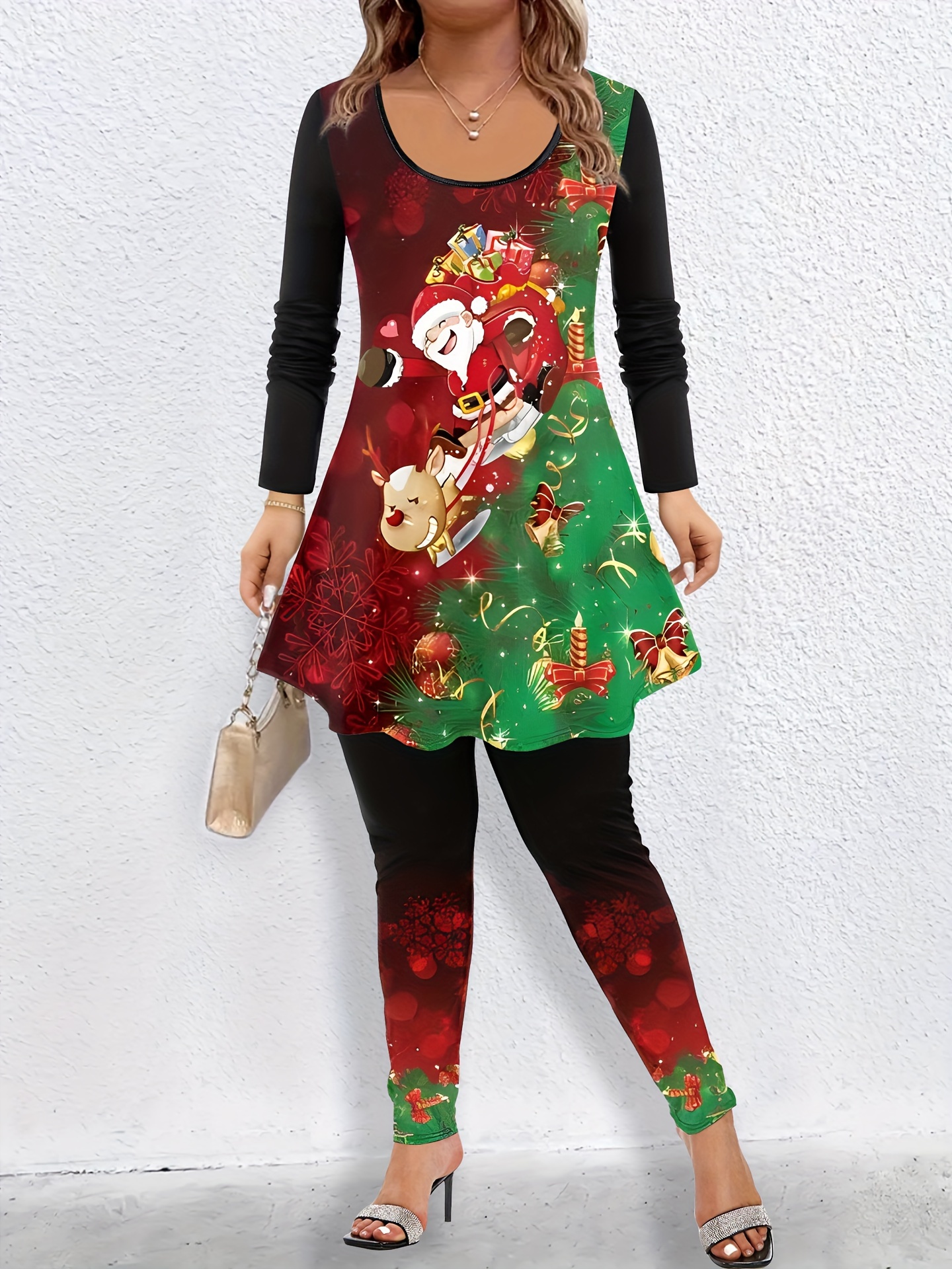 Plus Size Christmas Cute Outfit Set Women's Plus Santa Claus - Temu
