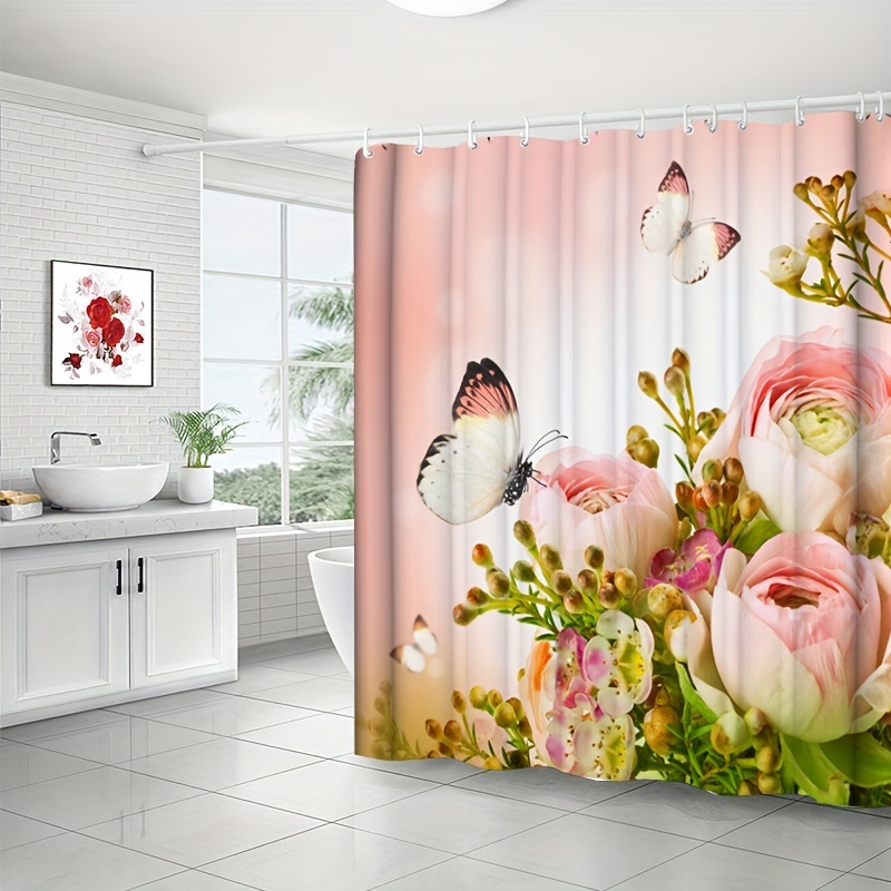 Green Frog Butterfly Shower Curtain Set Flower Waterproof - Temu Portugal