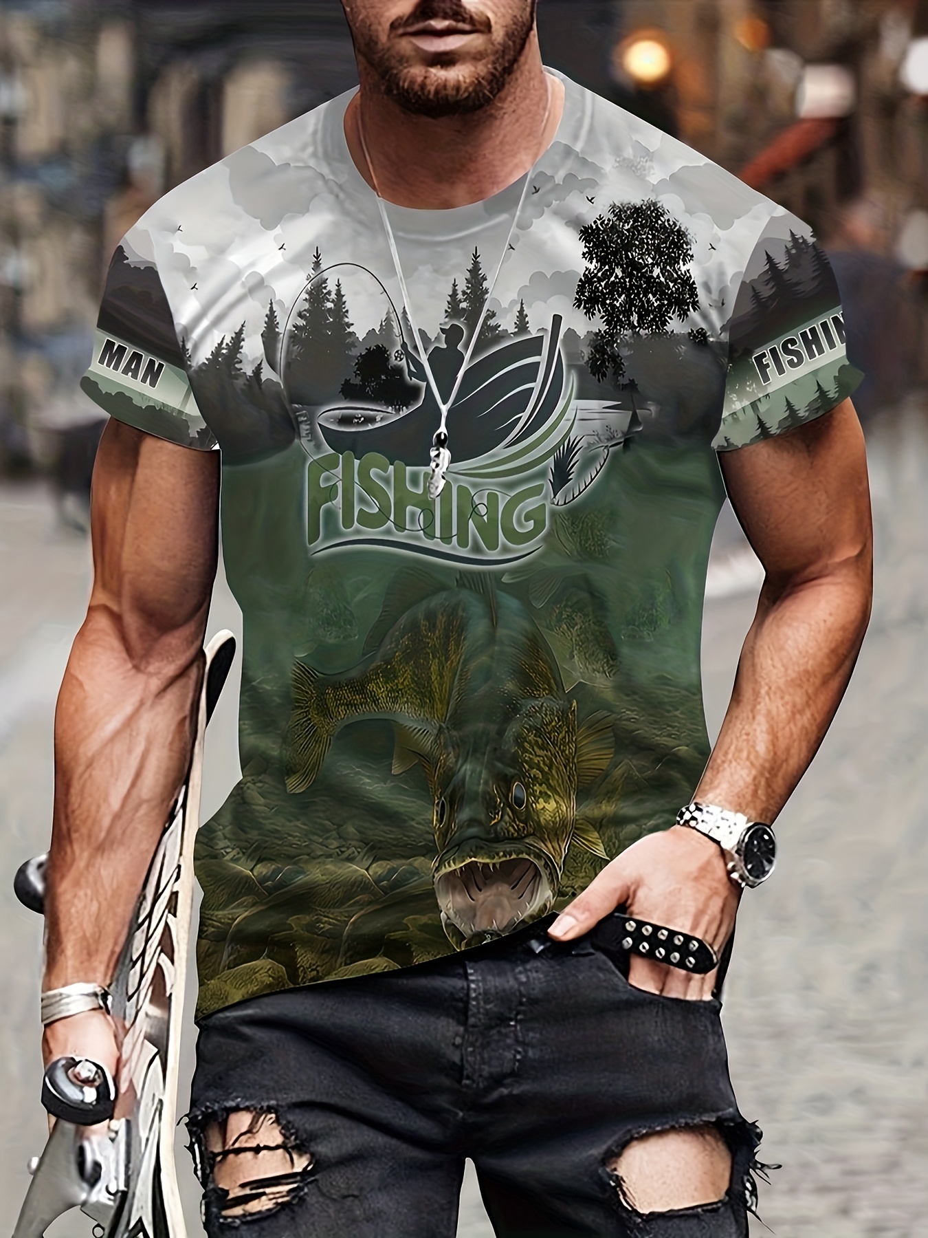 Fishing Theme Various 3D Digital Pattern Print Men's Graphic T-Shirt, Causal Comfy Tees, Short Sleeve Pullover Tops, Men's Summer Outdoor Clothing