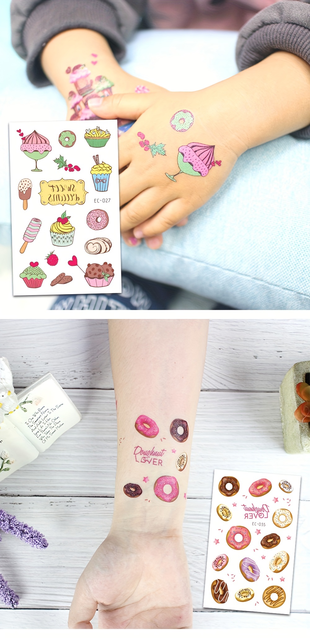 12 Hojas Tatuajes Temporales Cupcakes Helados Niñas Niños - Temu