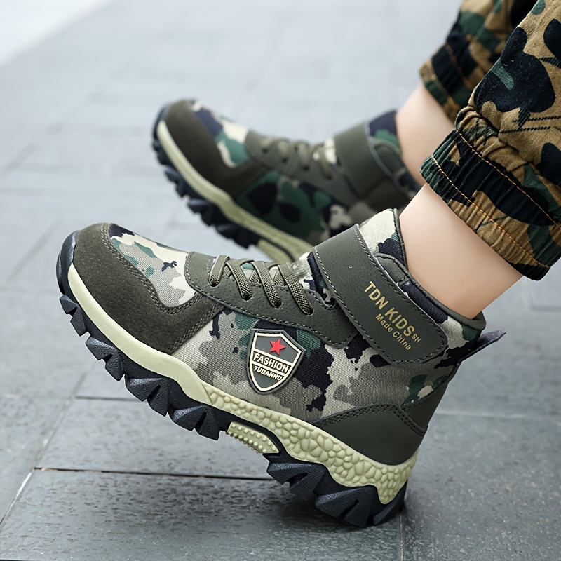 Spring and Autumn Boys' Casual Sports Shoes, Girls Outdoor Short Boots,  Children Camouflage Canvas High-Top Sneakers for Military Training Camping  Hik