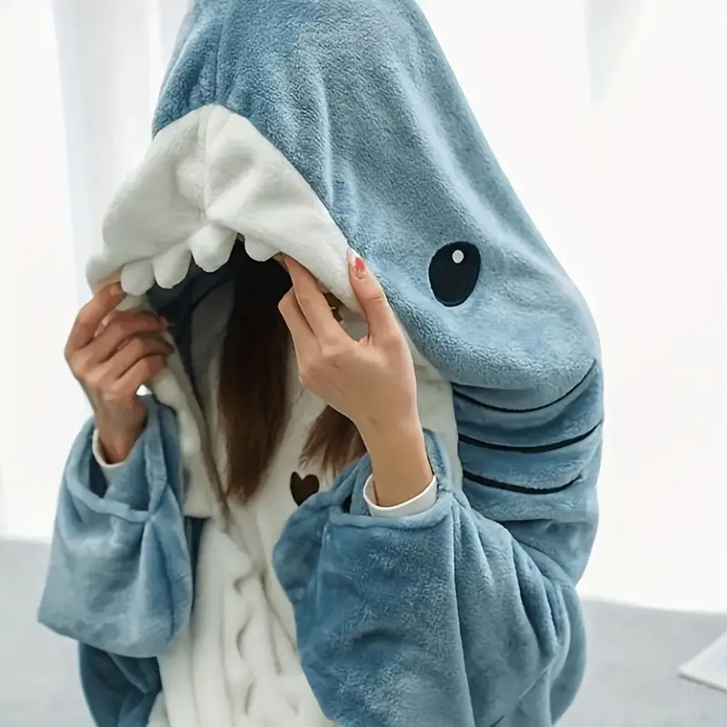 1pc shark loungewear pajamas multifunctional blanket thickened warm home wearable blanket cartoon shark sleeping bag details 3