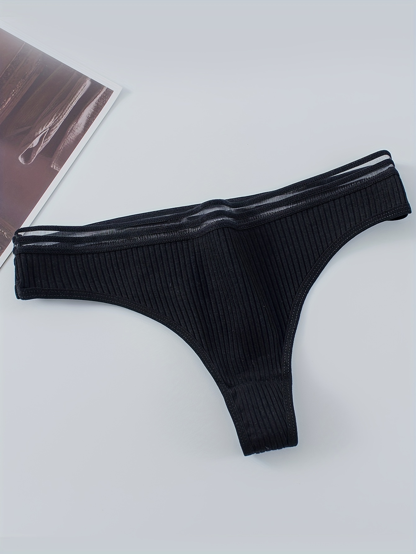 Sexy Solid Ribbed Thongs Soft Breathable Contrast Mesh Low - Temu