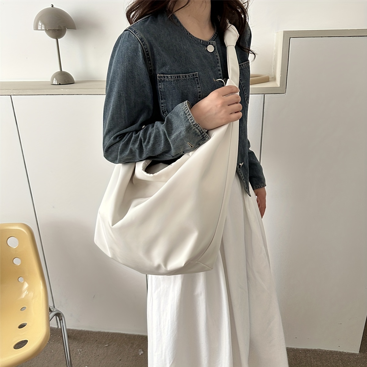 Women's Minimal Soft Leather Pillow Shoulder Bag Single Wide Shoulder Strap  Hobo Tote Bag