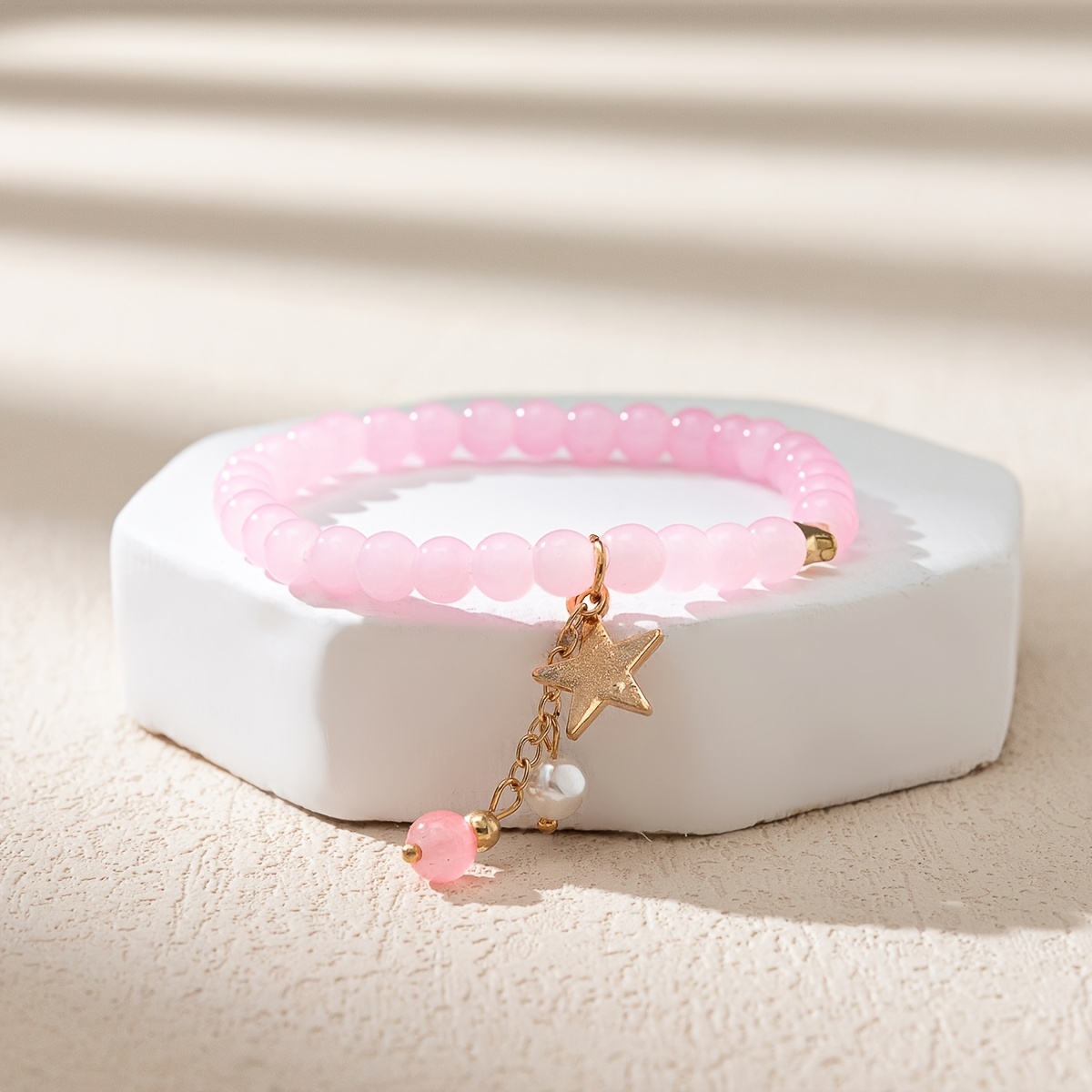 Pink Crystal Beaded Bracelet Star Shape Pendant Stretchable Bracelet Smooth  Beads Elegant Charm Bracelet