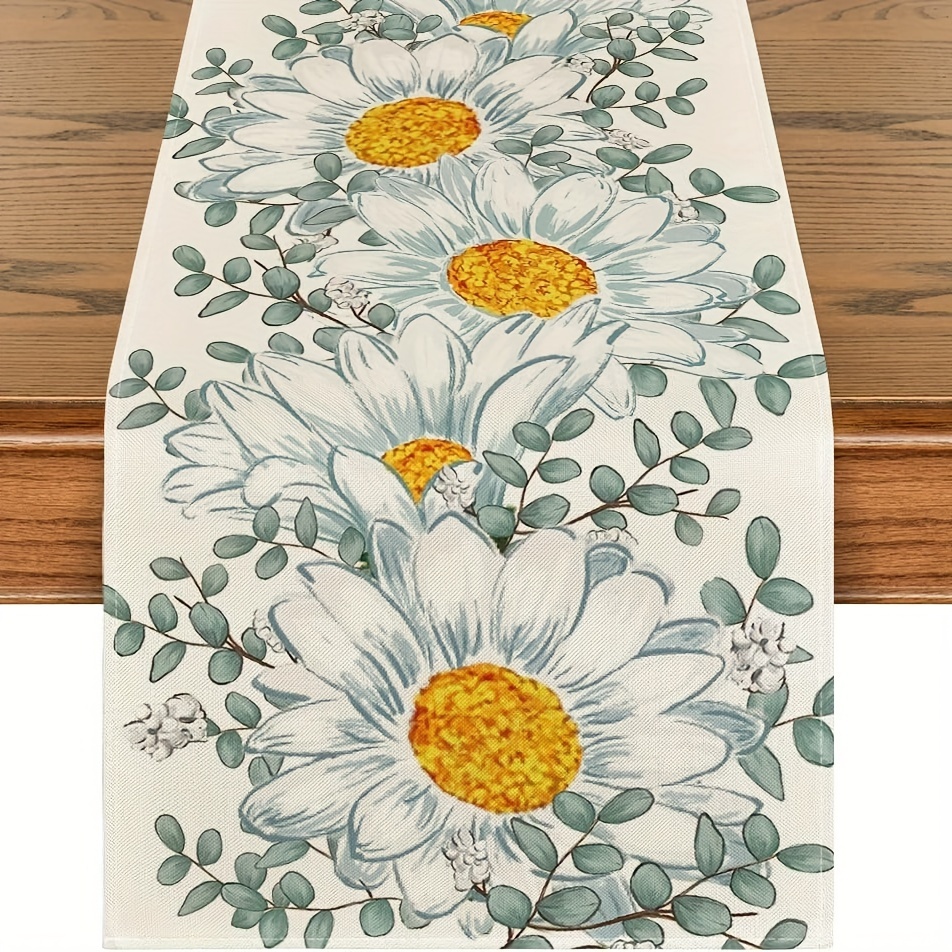 TEMU 1pc, Table Runner, Daisy Eucalyptus Pattern Summer Seasonal Table Runner, Dining Table Decoration For Home, Party Decor