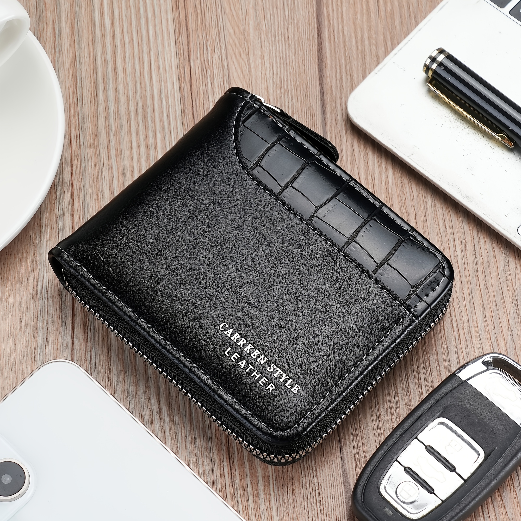 New Mens Zipper Card Holder Color Block Short Wallet Pu Leather