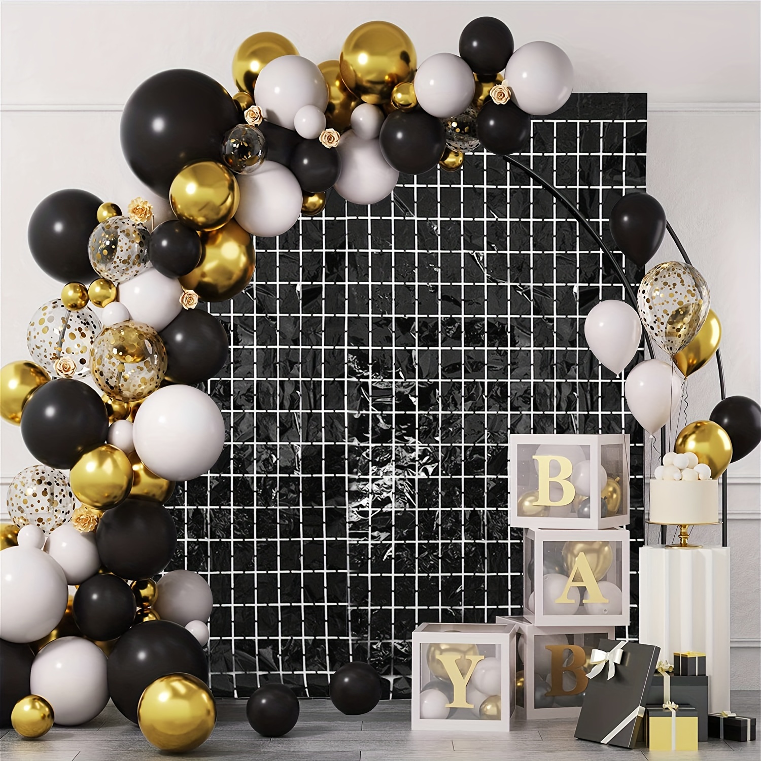 Black and Gold Birthday Decorations, Black and Gold Birthday Party Balloon  Set,metallic Foil Tinsel Fringe Rain Curtain Backdrop 