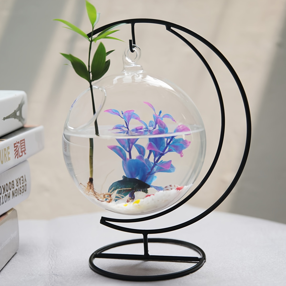 kekafu Desk Hanging Fish Tank Bowl with Stand Creative Glass Planter Vase  Holder Glass Ornament, Small Table Top Glass Fish Bowl Mini Aquarium for