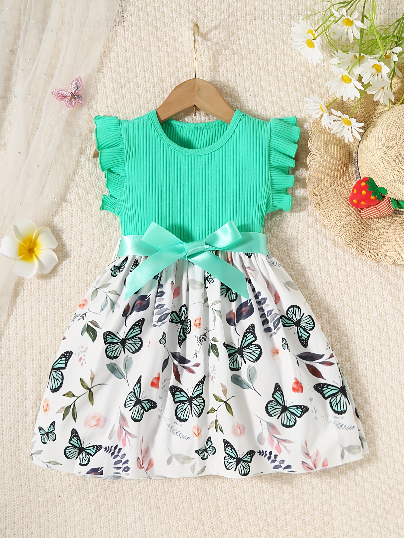 Splicing Ribbed Flutter Trim Butterfly Print Dress With Strap For Girls Summer Party Gift