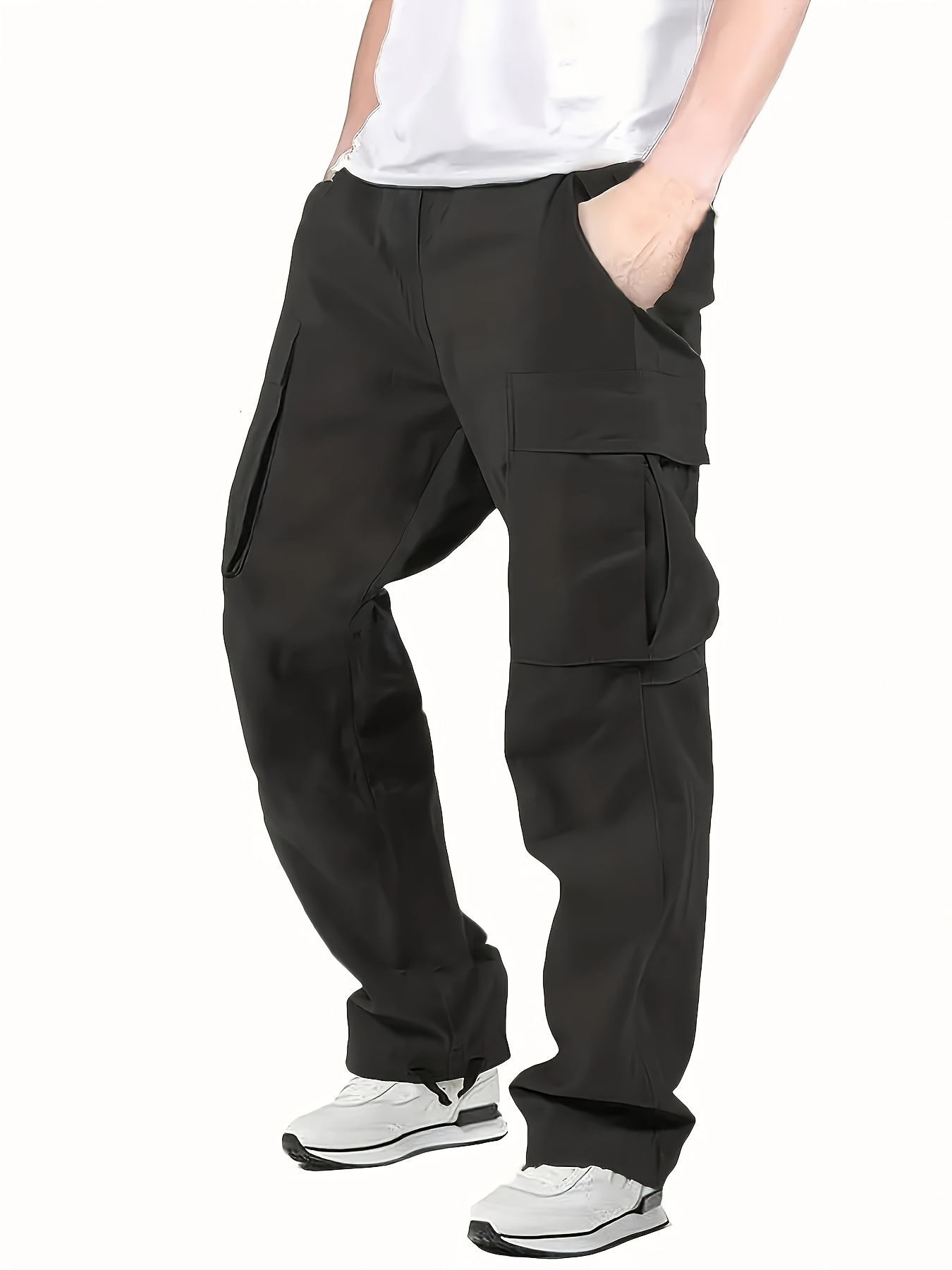 Trendy Solid Cotton Cargo Pants Men's Multi Flap Pocket - Temu