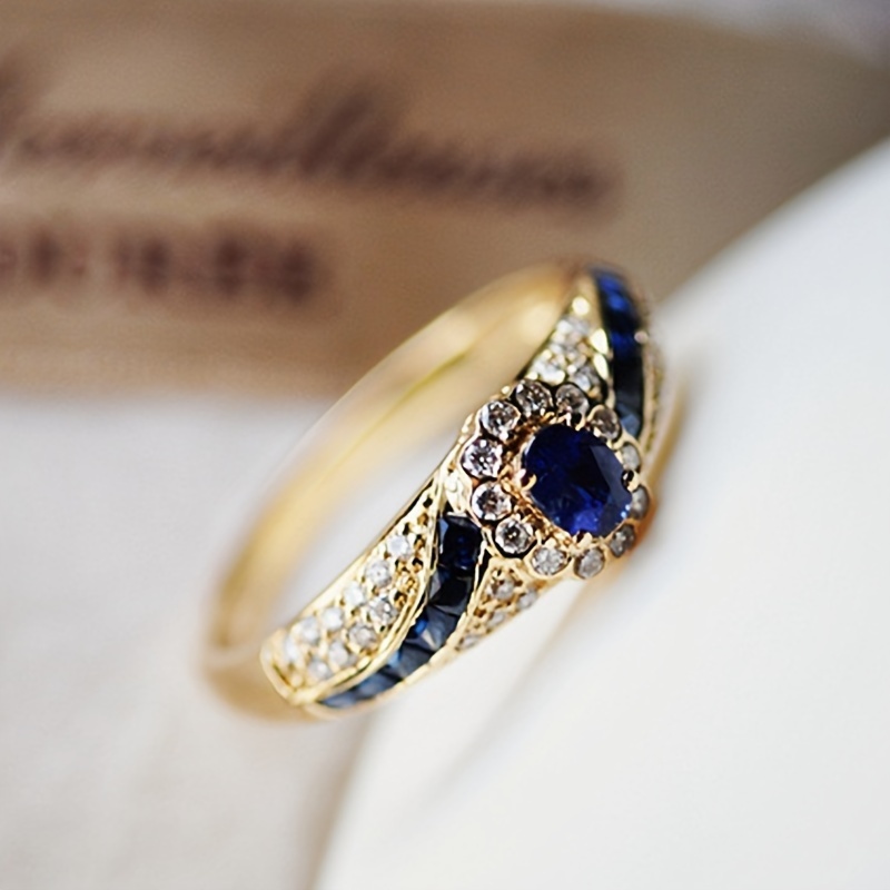 

1pc Elegant 18k Gold Plated Copper Ring, Blue And Zirconia Accents, Unisex Fashion Jewelry For