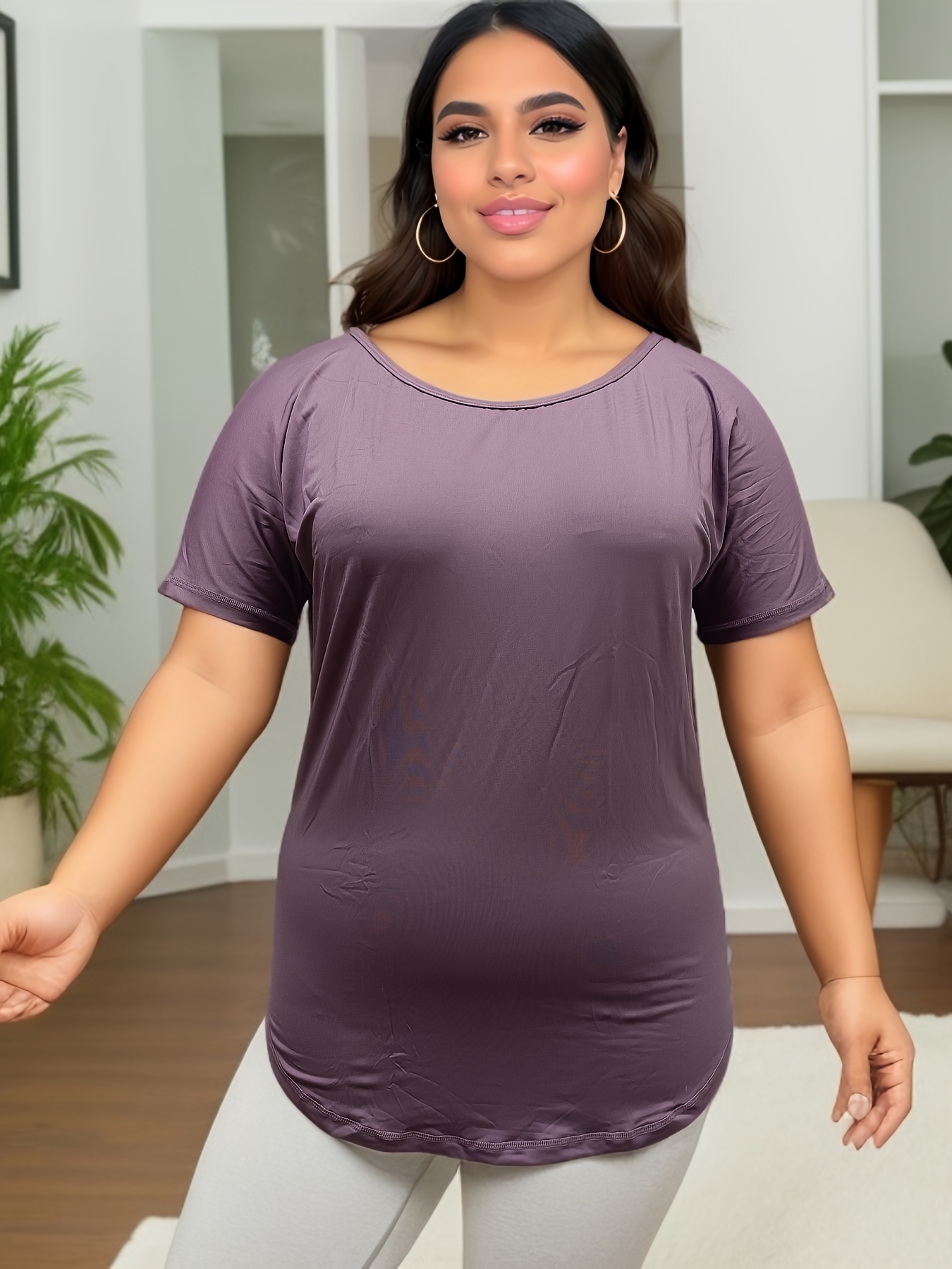 Plus Size Sports Top, Women's Plus Solid Short Sleeve Round Neck Stretchy  Yoga Workout Tee