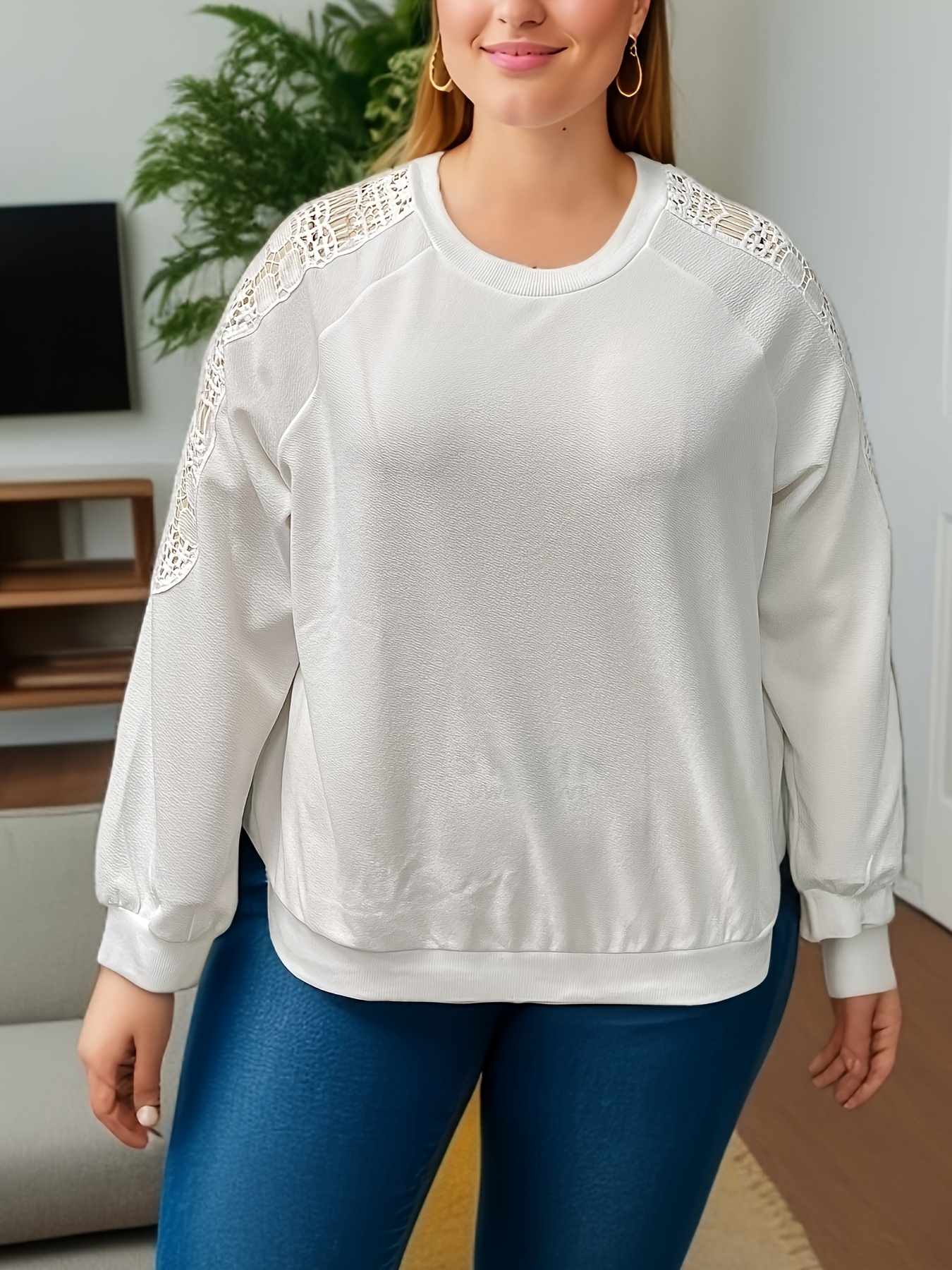 Plus Size Casual T shirt Women's Plus Contrast Lace Trim - Temu Canada
