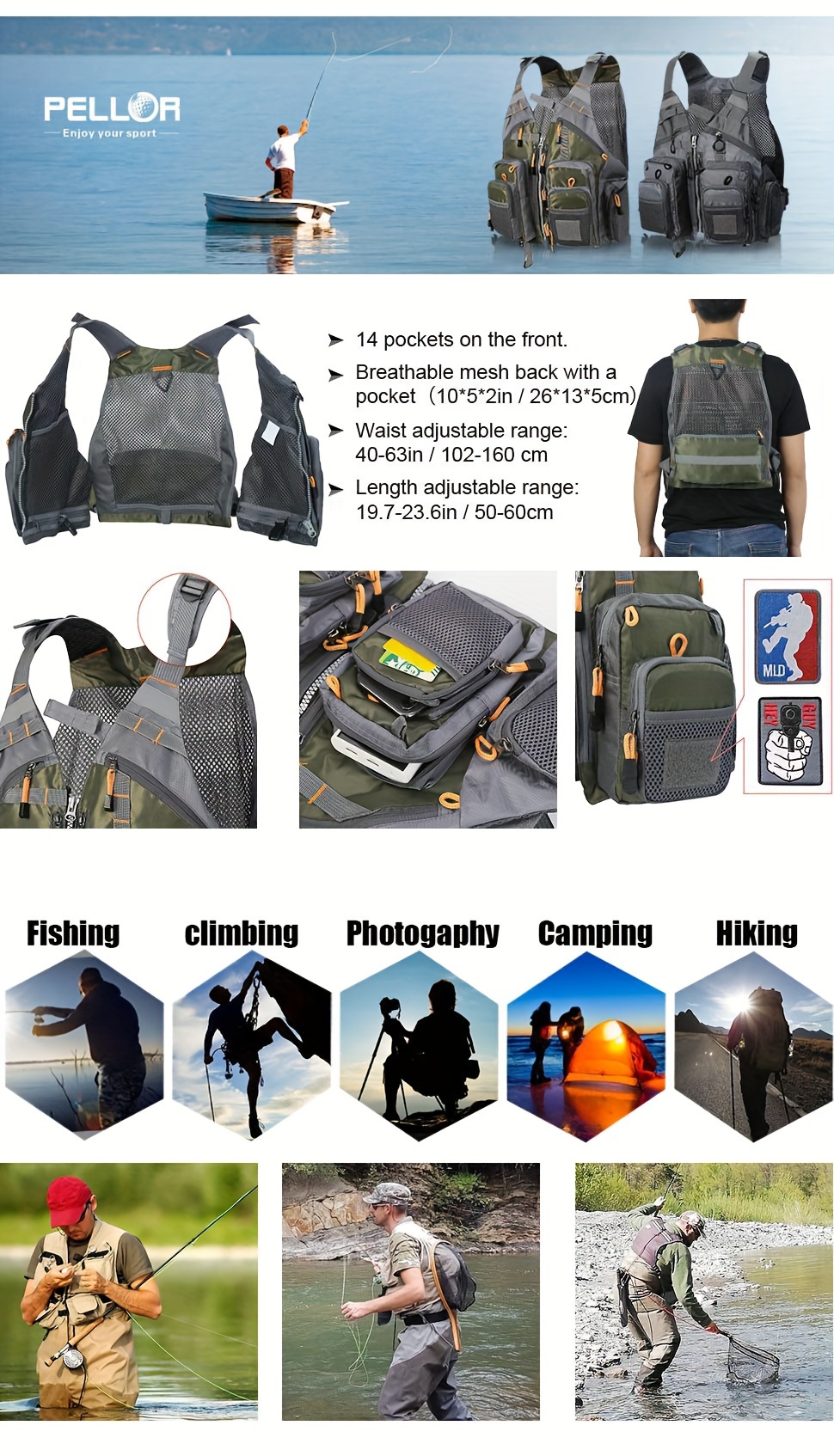 Fishing Vest Pack 8 Pockets Fly Fishing Vest Reflective Strips Mesh Lining  Adjustable Straps Oxford Fabric