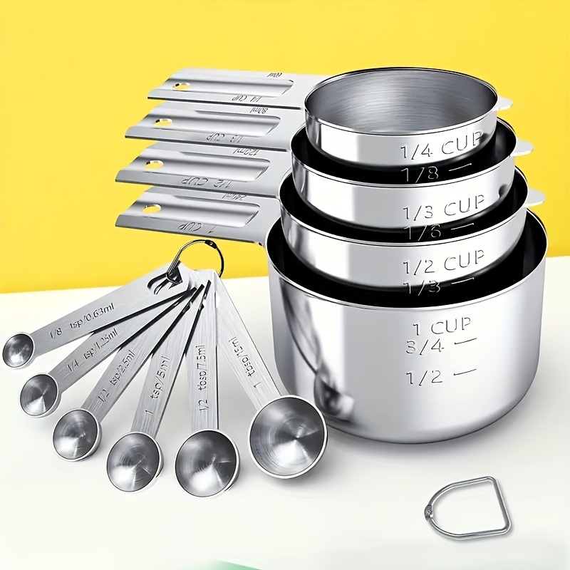 

4/10pcs, Stainless Steel Measuring Cups And Spoons Set, Metal Measuring Cups And Spoons, Stackable Kitchen Measuring Tool For Dry And Liquid Ingredients, Baking Tools, Kitchen Stuff
