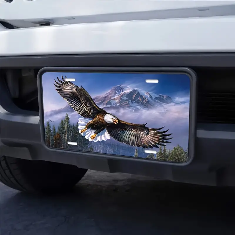 1pc bald eagle flying in the sky front license plate cover mountain snow trees wings decorative license plates for aluminum auto car tag 6x12 inch details 5