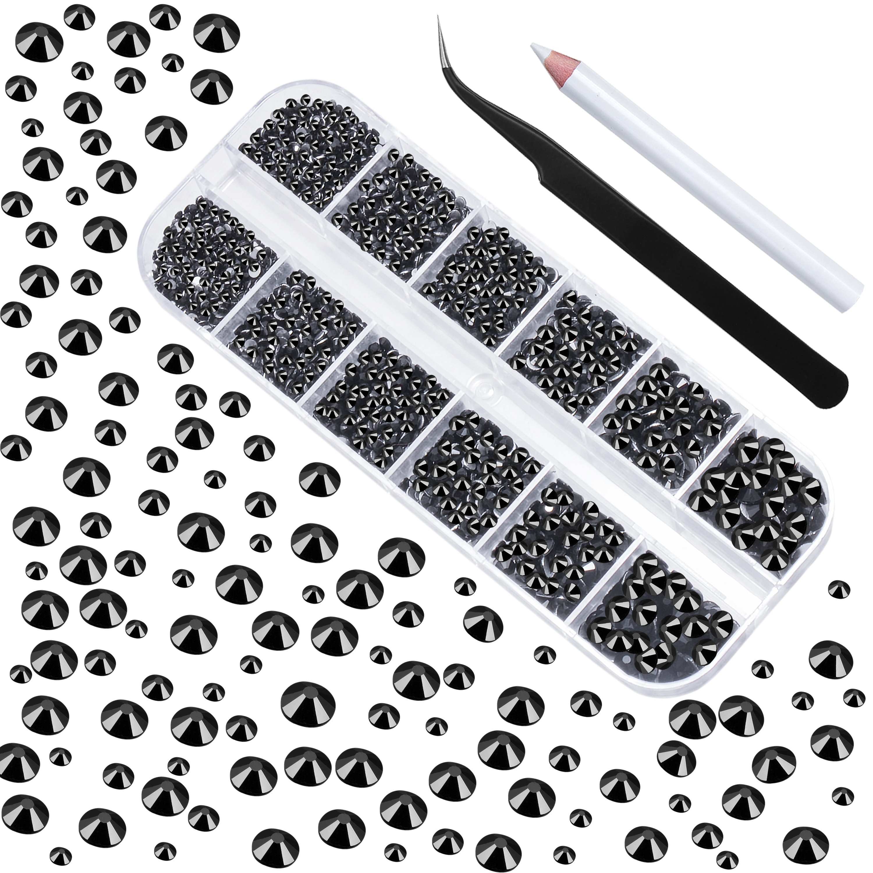 2600pcs Nail Rhinestones Black Flat Back Rhinestones Round Crystal Nail  Gemstones 6 Sizes (1.9-4.5mm) With Crayon Tweezers Makeup, Shoes, Bags,  Handic