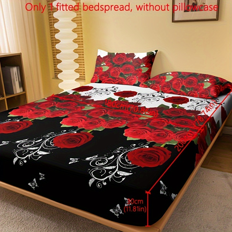 1pc Printed Brushed Brushed Fitted Sheet, Bedroom Bedspread With Delicate Red Rose Print, Bedding