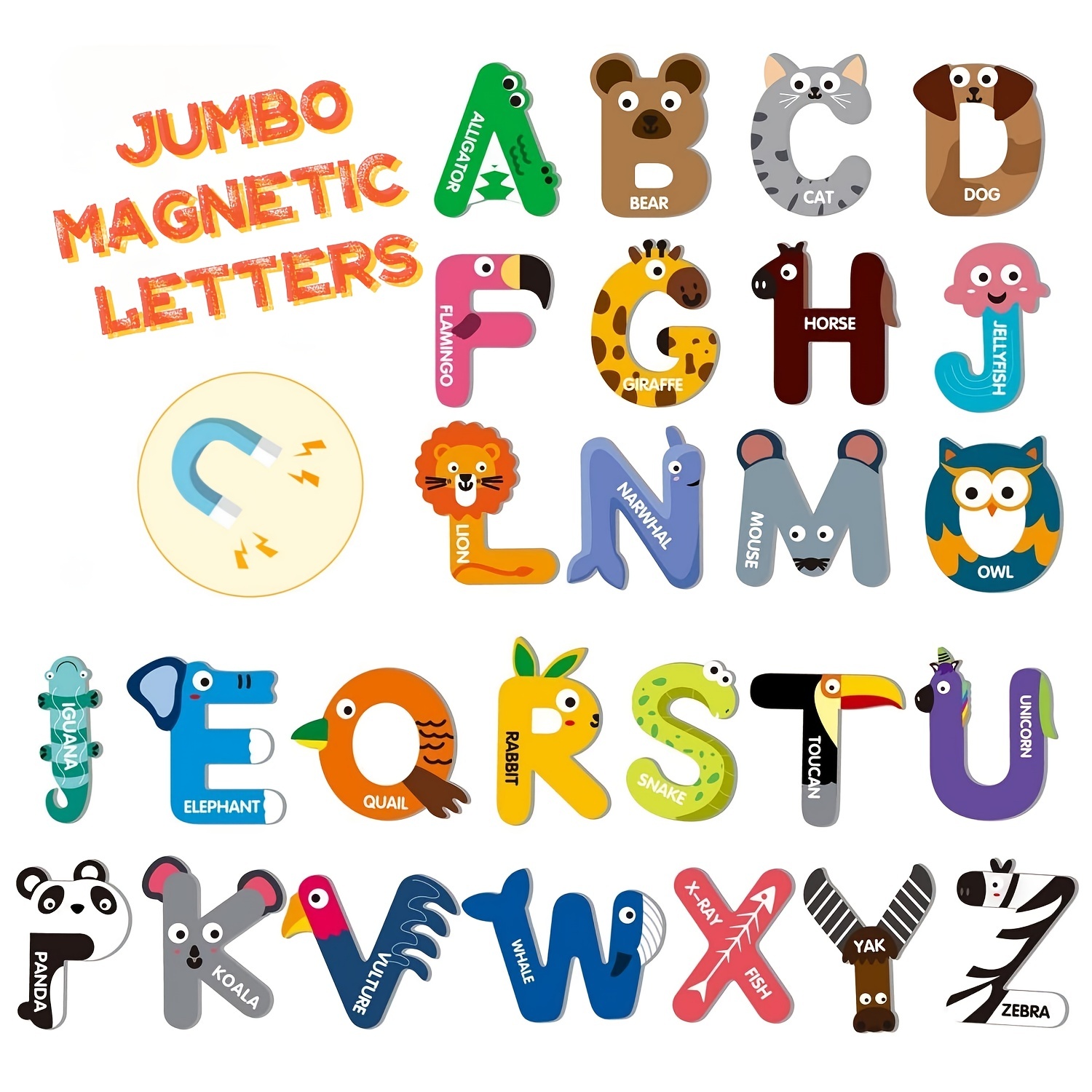 Letras magnéticas grandes y animales, herramienta de aprendizaje educativa  para niños, reconocimiento de palabras, 52 piezas de imanes que incluyen 26