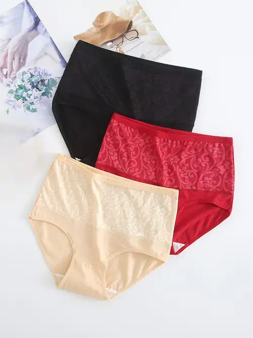 3 Pack Plus Size Elegant Panties Set, Women's Plus Solid Floral Lace High  Stretch Underwear Three Piece Set