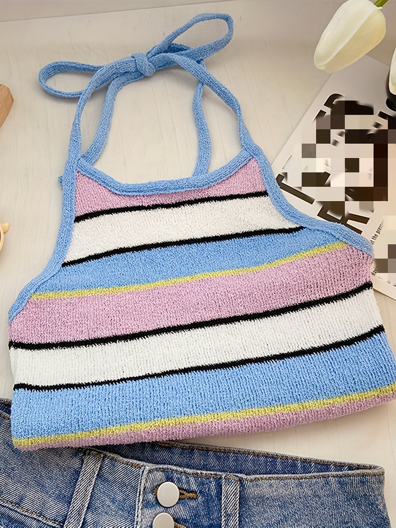 Colorblock Stripe Print Halter Top Sleeveless Tie Back Summer Casual Top