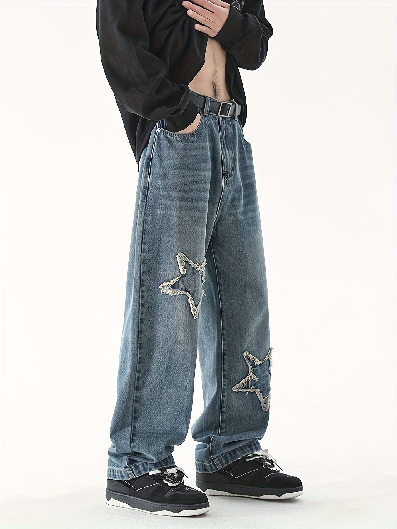 Men's Y2k High Baggy Pants Straight Leg Cargo Jeans Casual Stars