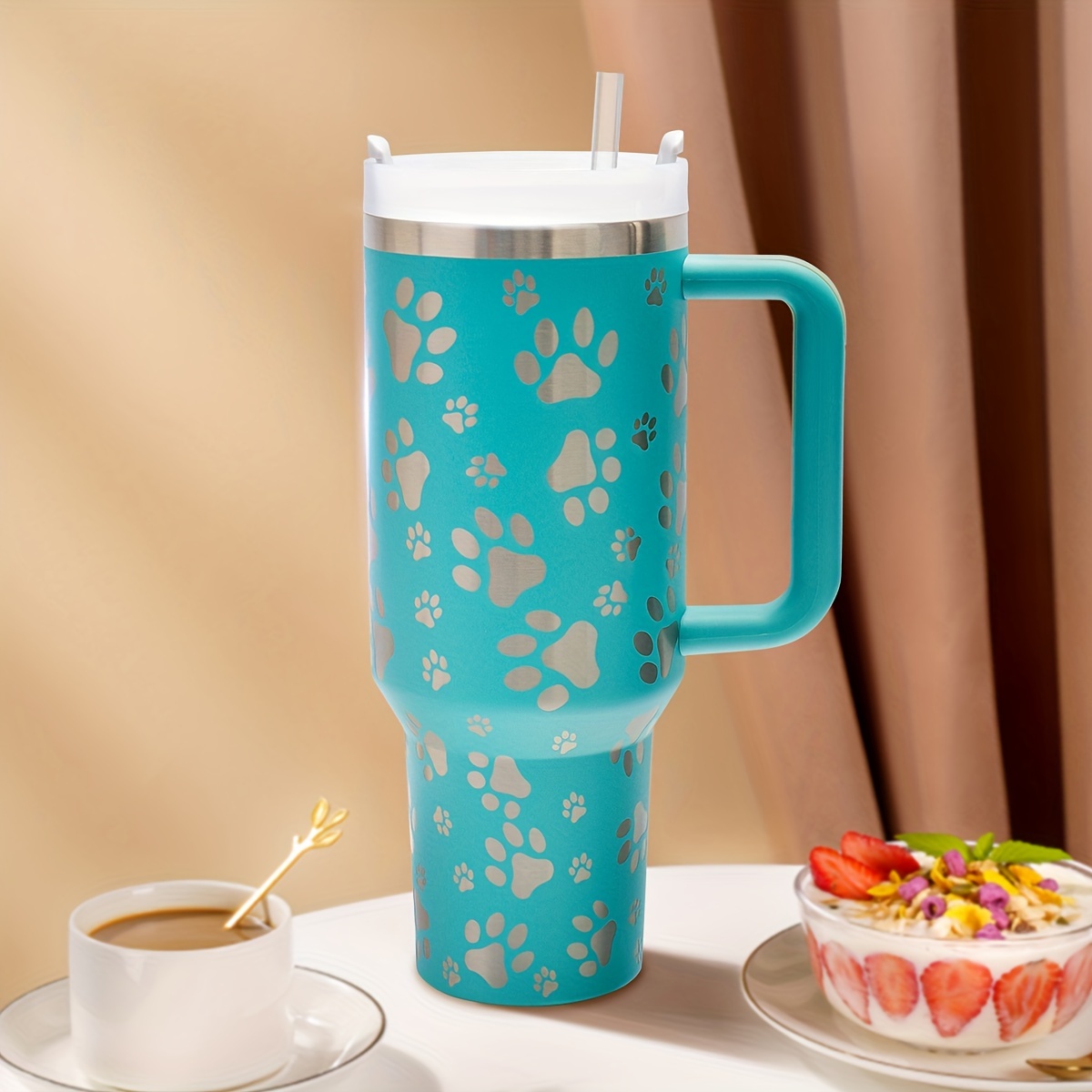 Cute Paw Pattern Insulated Tumbler - Reusable Stainless Steel Coffee Straw  Cup With Silicone Handle & Dustproof Lid - Perfect For Outdoor Camping &  Travel! - Temu