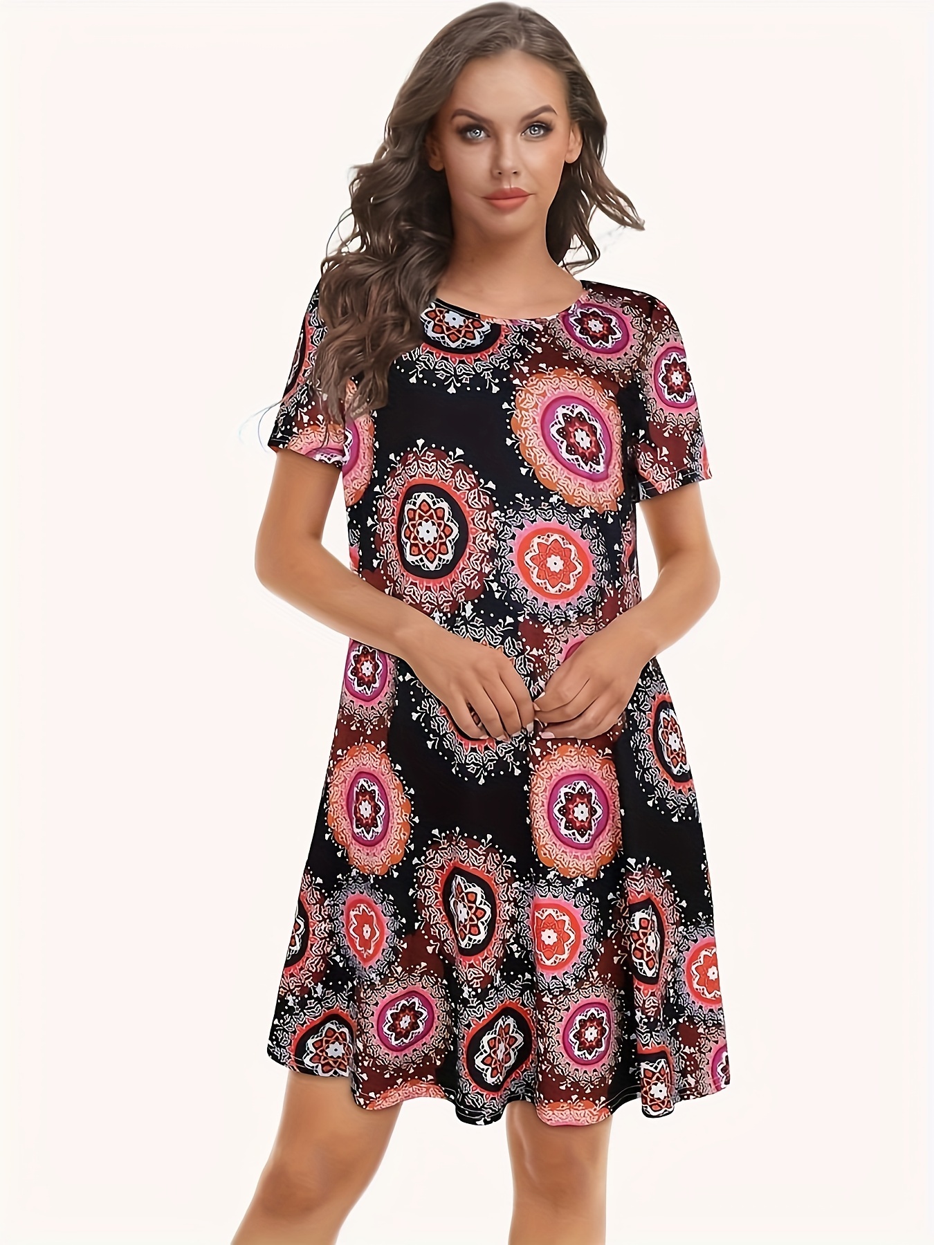 Plus Size Boho Dress Women's Plus Floral Print Short Sleeve - Temu