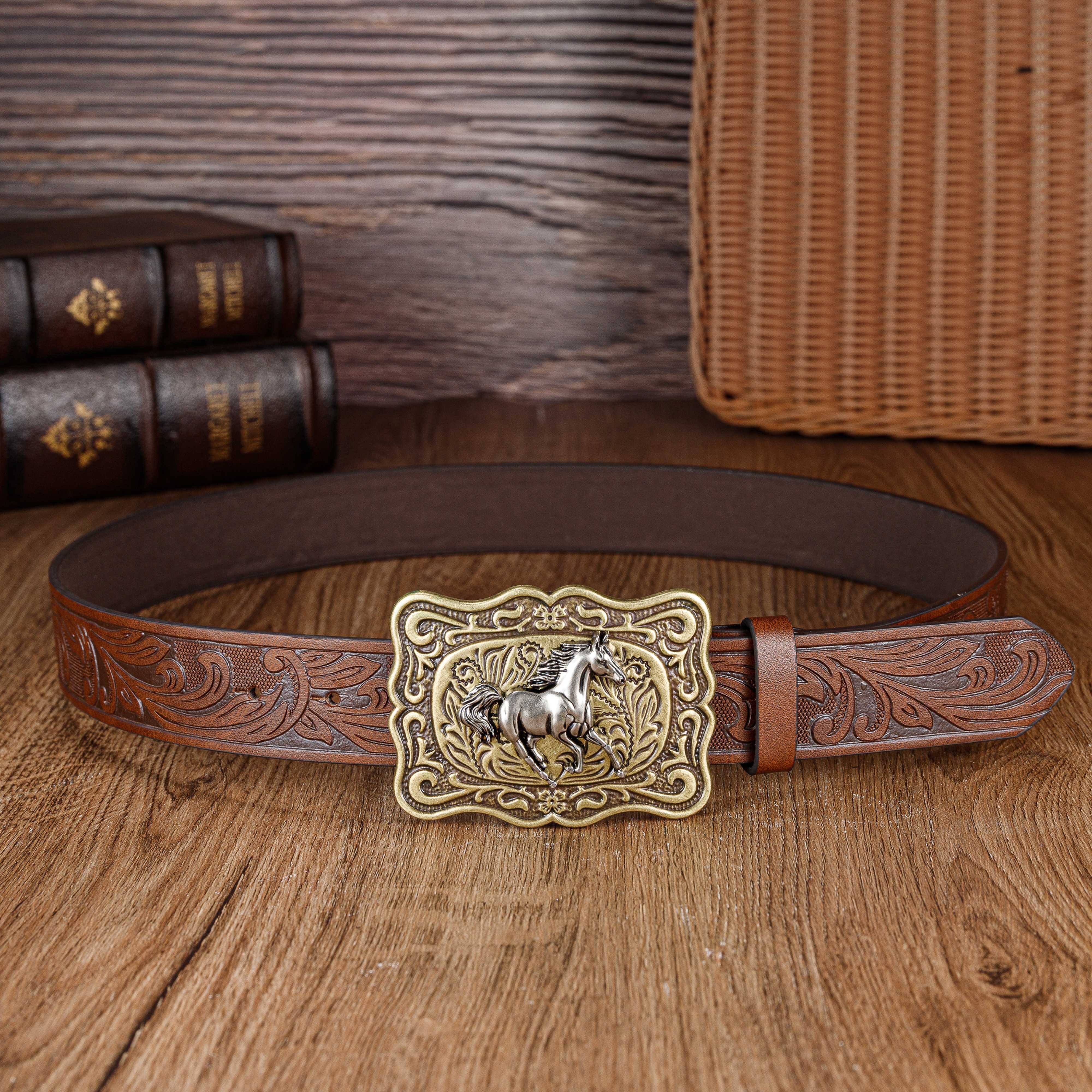 Flying Horse Mens Pu Leather Belt Vintage Embossed Western Cowboy Big Board  Buckle Punk Belt Ideal Choice For Gifts, Free Shipping On Items Shipped  From Temu