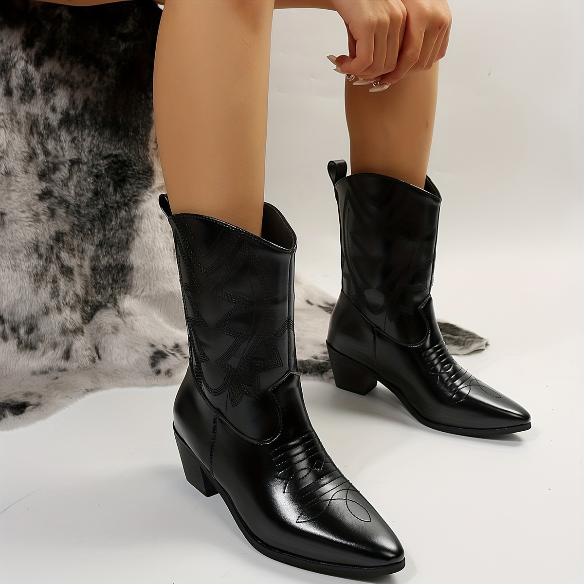 Botas Vaqueras Media Pantorrilla Mujer Botas Vaqueras Tacón - Temu