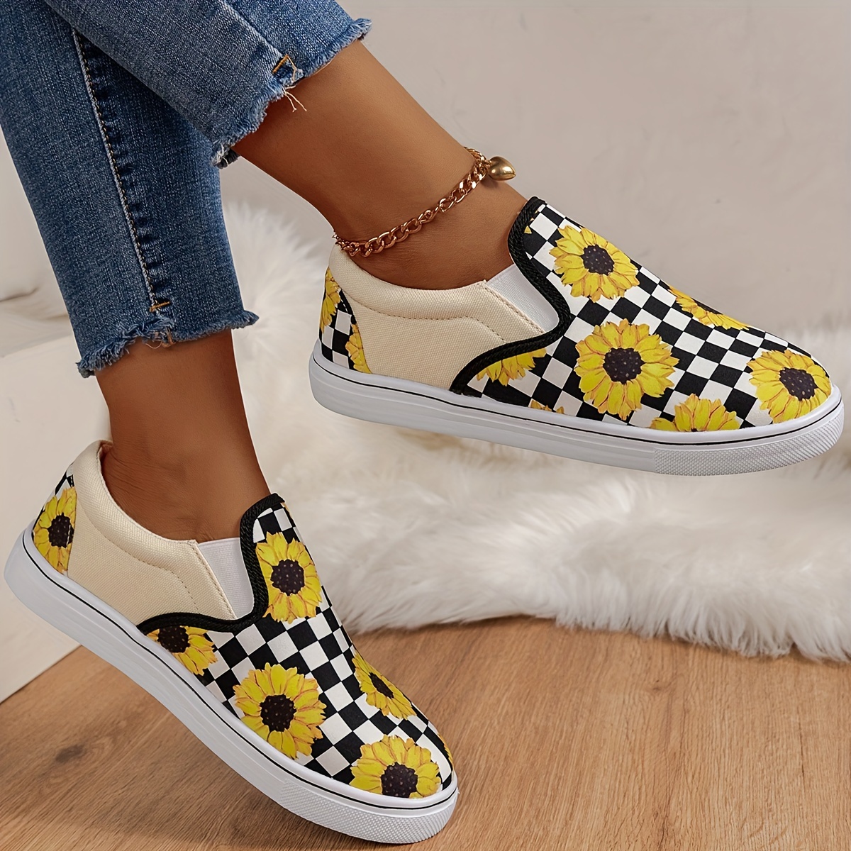 Yellow Plaid Pattern Skate Sneakers, Comfortable Slip On Flat Loafers,  Women's Footwear - Temu