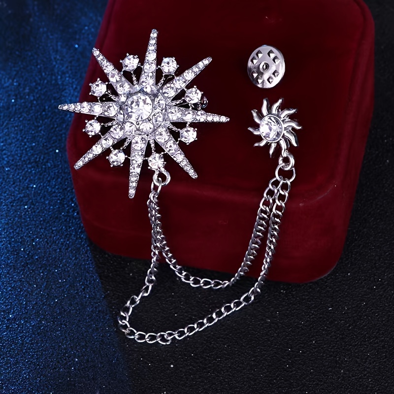 Men Crystal Snowflake Star Suit Jacket Coat Brooch Pin Jewelry Accent Chain  BP