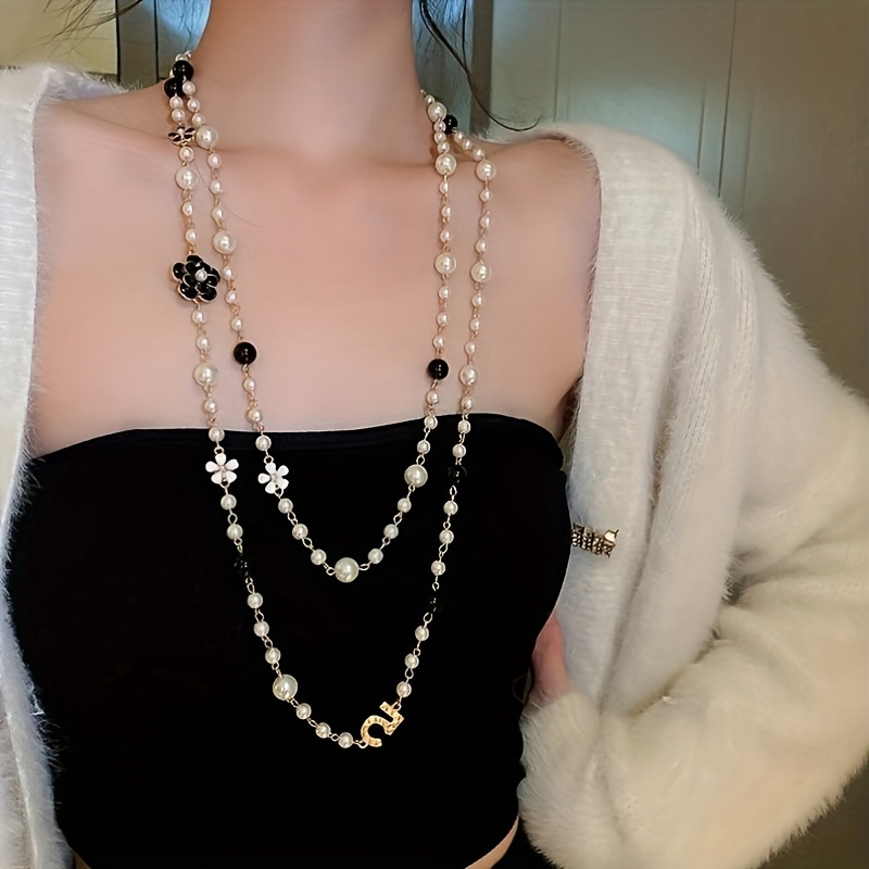 

Delicate Layered Imitation Pearl Necklace, Multilayer Camellia Long Necklace, Rose Sweater Chain Necklace