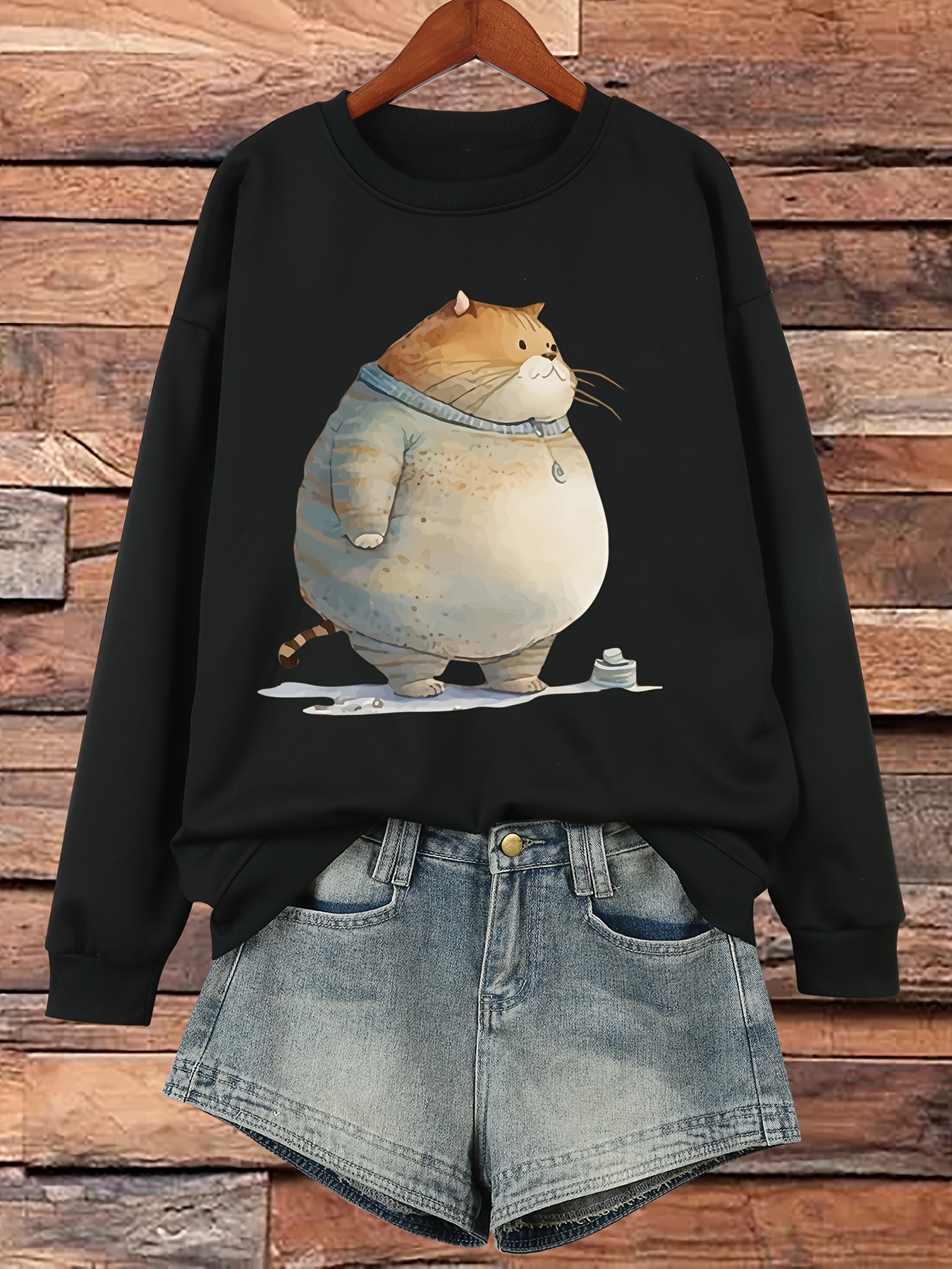 Plus Size Cat Print Sweatshirt Crew Neck Casual Sweatshirt Temu