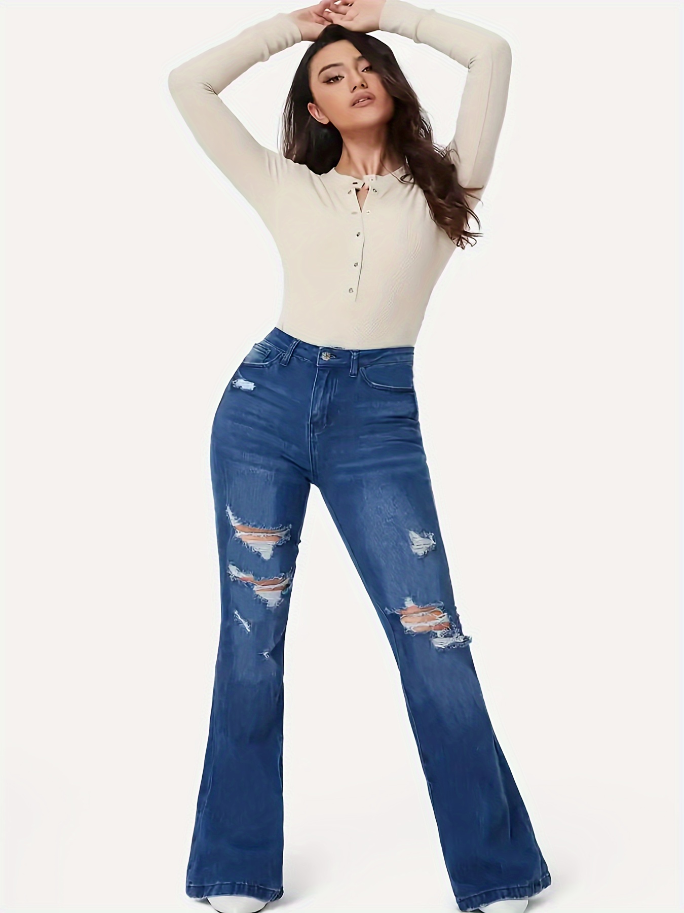 Ripped Holes Chic Flare Jeans Hem Slight Stretch Bell - Temu Canada