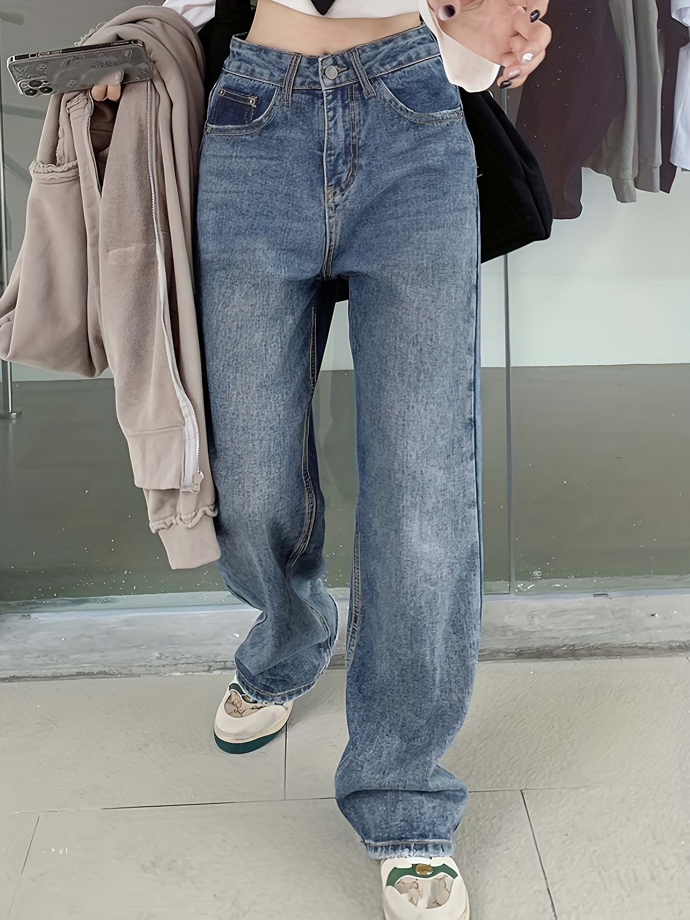 Jeans Rectos Grises No Elásticos Pantalones Mezclilla - Temu Chile