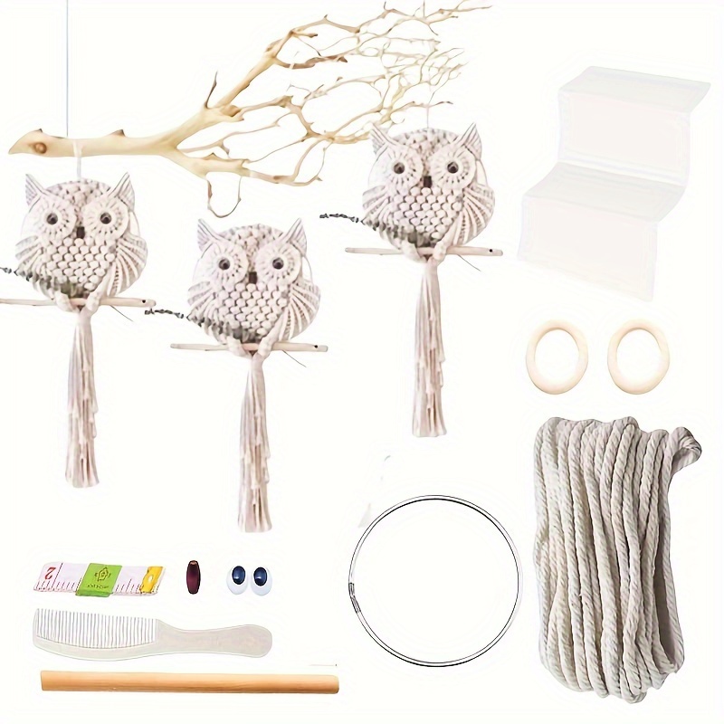 

1set Boho Macrame Owl Wall Hanging Kit, Rustic Handmade Owl Decor Set With 100m Nylon Cord, Wood Comb & Hoop, Diy Festive Bohemian 3d Owl Tapestry Home & Outdoor Decor Craft
