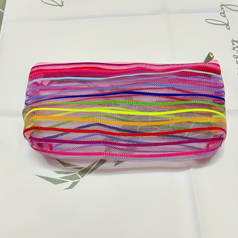 Colorful Striped Mesh Makeup Bag Travel Office Supplies - Temu