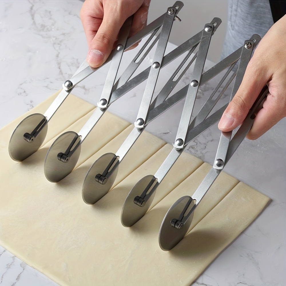 1pc, 5 Wheel Pastry Cutter, Stainless Steel Expandable Pizza Slicer,  Durable Dough Cutter, Noodle Cutter, Stainless Steel Noodle Lattice Roller,  Kitch